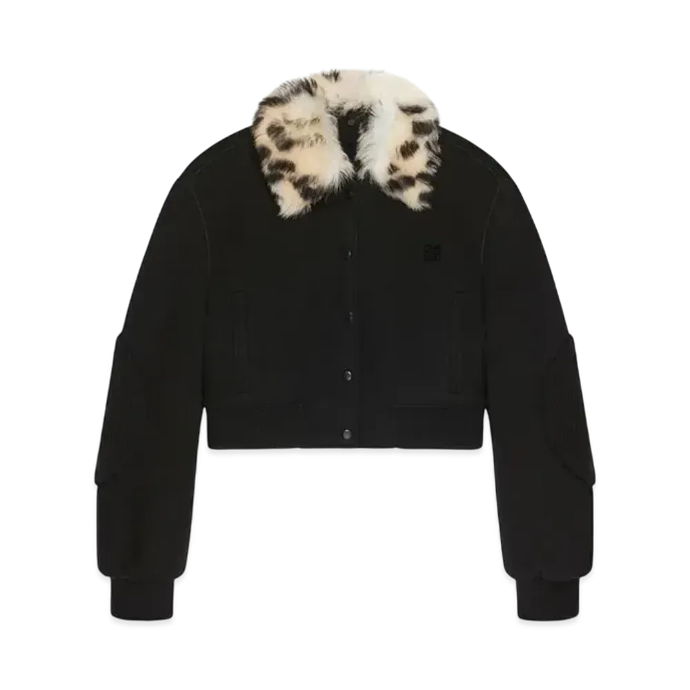 GIVENCHY Cropped Varsity Jacket In Wool and Leopard Print Fur "Black"