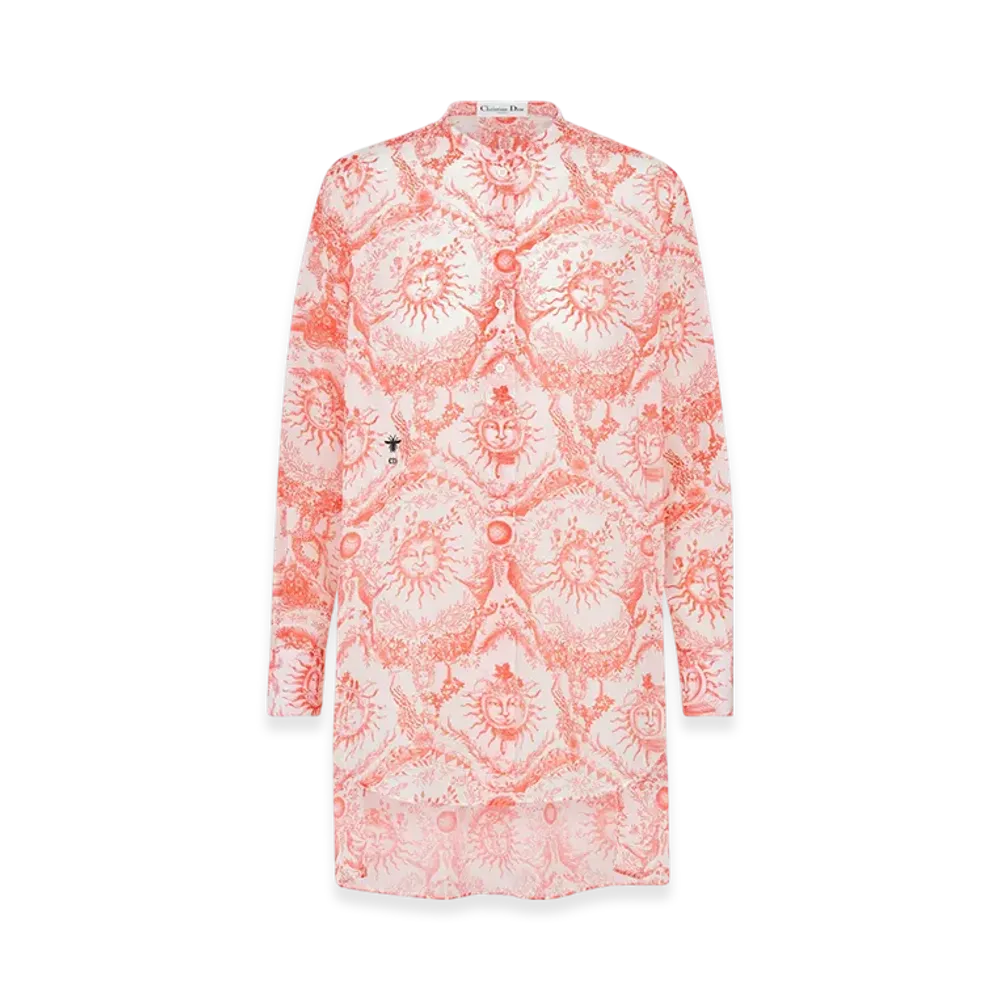 Dior Women's Cotton Muslin with Toile De Jouy Soleil Motif Dioriviera Long Blouse "White/Coral"