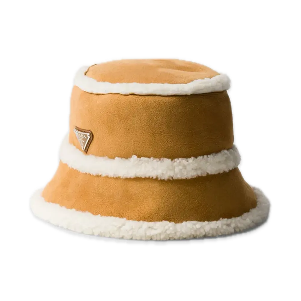 PRADA Suede Shearling Bucket Hat "Beige"
