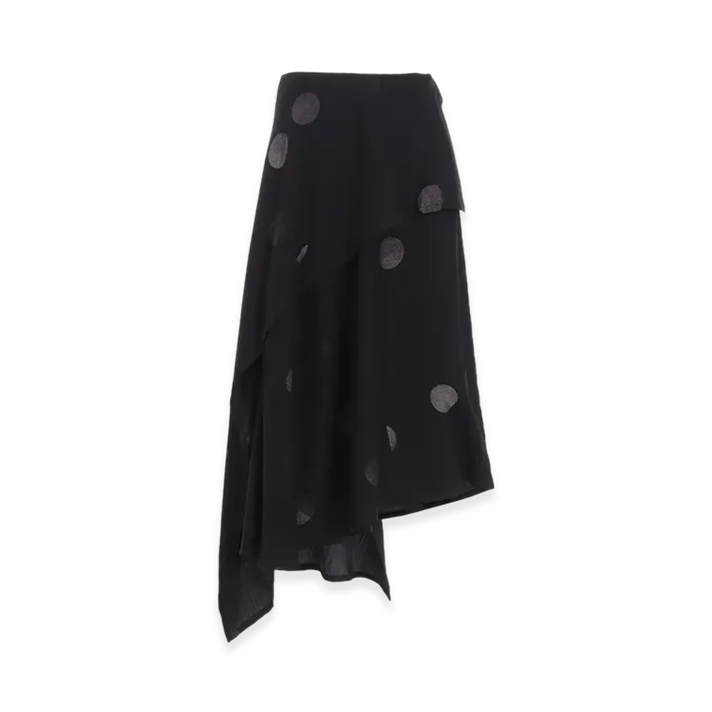 Y's Butterfly-Print Dungaree Twill Asymmetric Midi Skirt "Black"