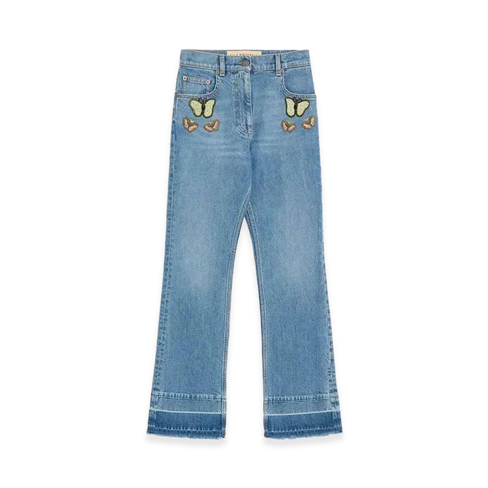 Valentino Women's Butterfly Beaded Jeans "Blue"