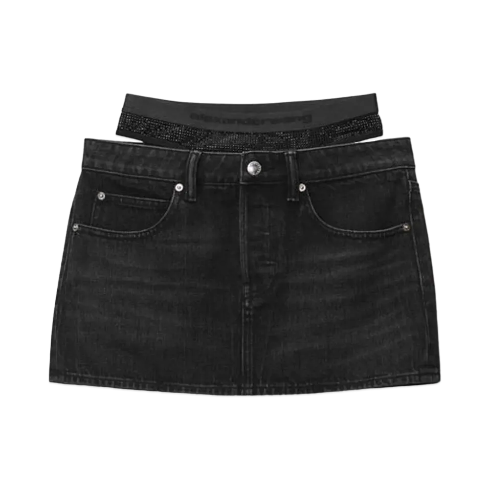 Alexander Wang Crystal Hotfix Prestyle Denim Mini Skirt "Gray Aged"
