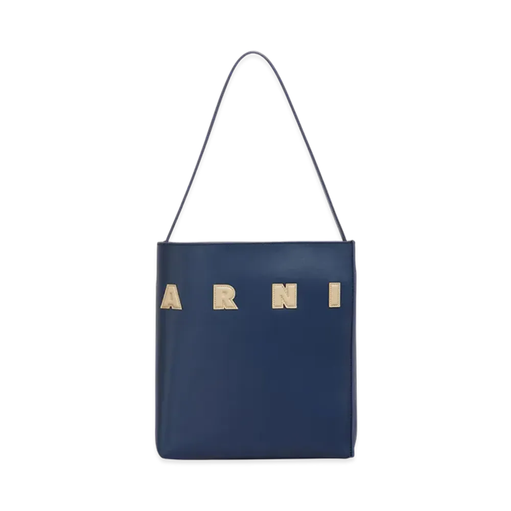 MARNI Museo Small Hobo Bag in Leather with Marni Logo "Blue China/Winter Wheat"