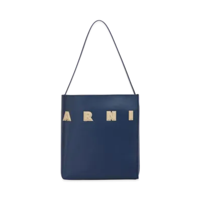 MARNI Museo Small Hobo Bag in Leather with Marni Logo "Blue China/Winter Wheat"