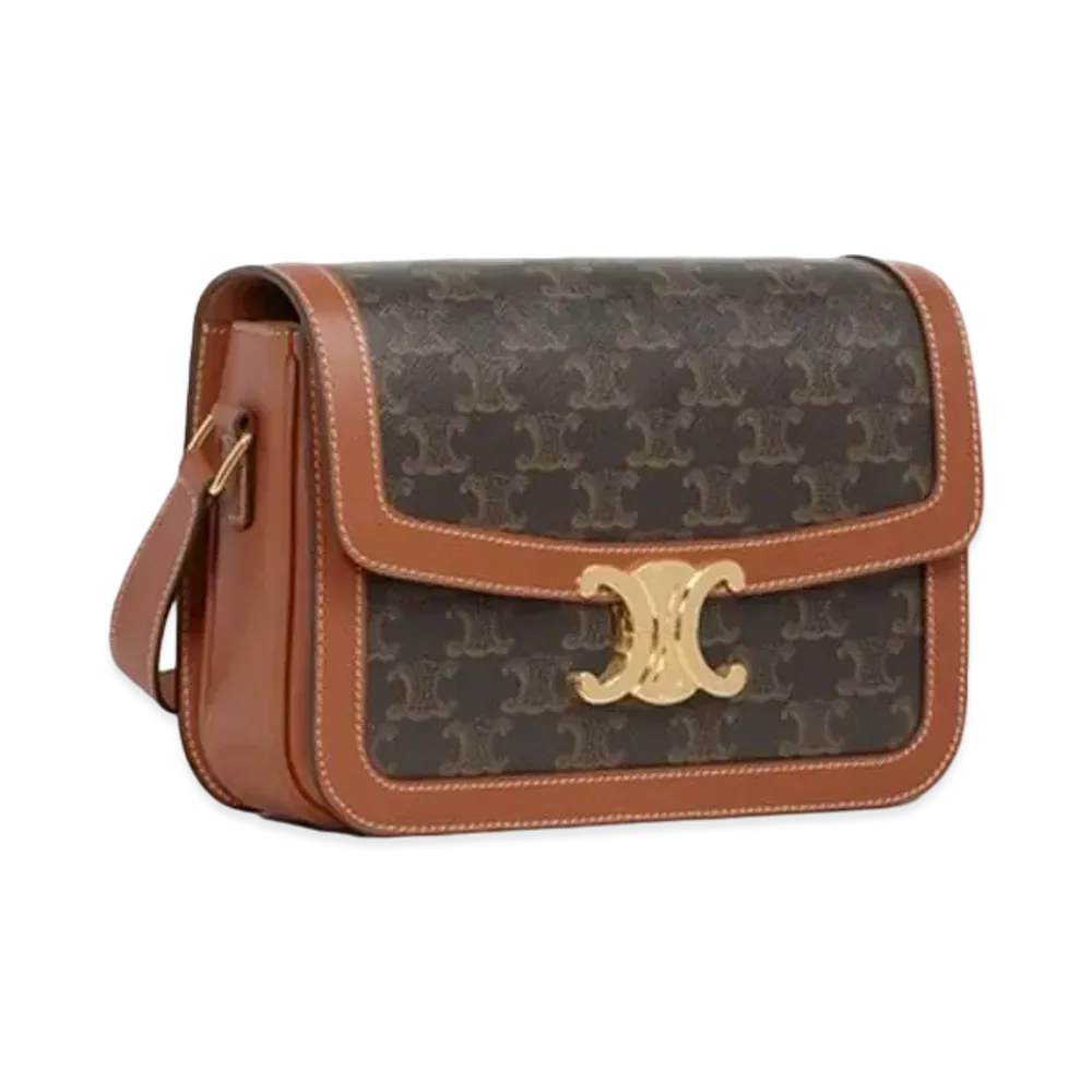 CELINE Classique Triomphe Bag In Triomphe Canvas and Calfskin "Tan"