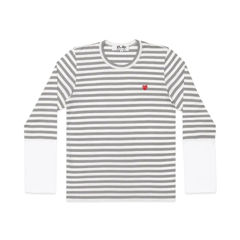 PLAY COMME des GARCONS Small Red Heart Striped L/S T-Shirt Mens "Gray/White"
