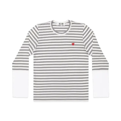 PLAY COMME des GARCONS Small Red Heart Striped L/S T-Shirt Mens "Gray/White"