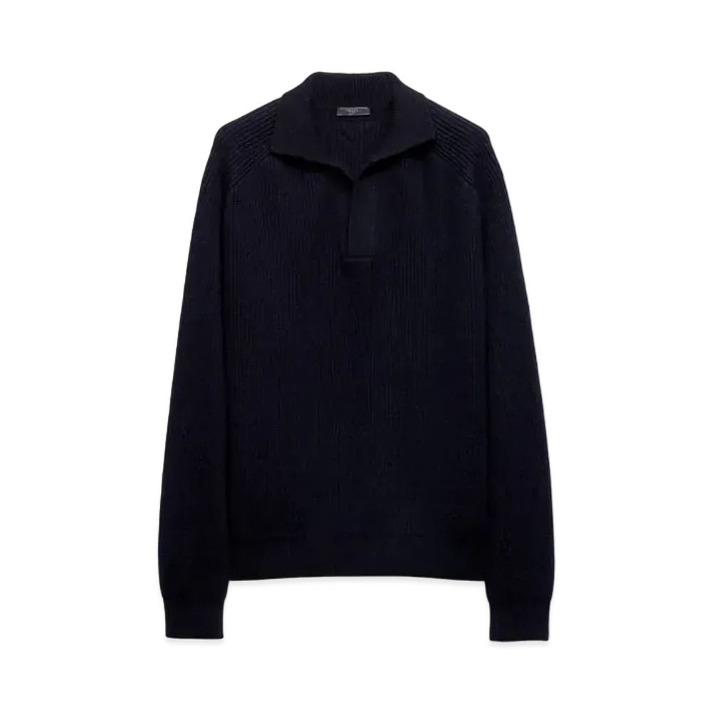 PRADA Men's Oversized Cashmere Polo Sweater "Navy"