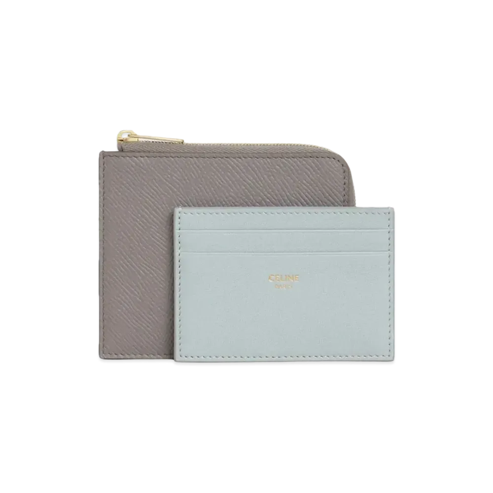 CELINE Zipped Purse with Removable Card Holder in Grained Calfskin and Smooth Lambskin  "Pebble/Mineral"