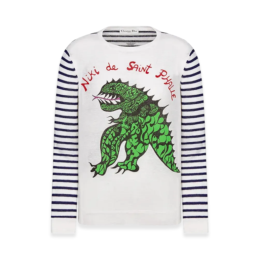 Dior Women's Mariniere Sweater Linen Cashmere Silk Knit Dragon Motif "Navy Blue/White/Green"