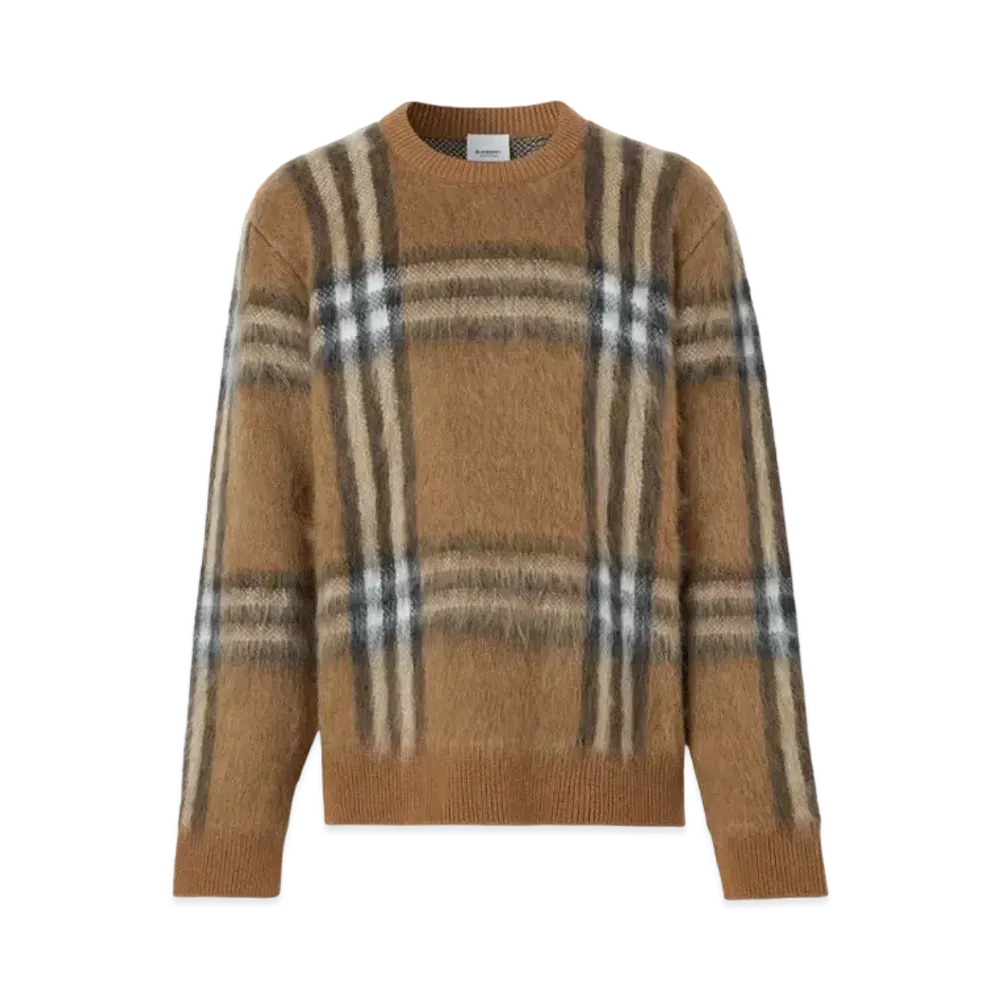 Burberry Men's Check Mohair Wool Blend Jacquard Oversized Sweater "Dark Birch Brown"