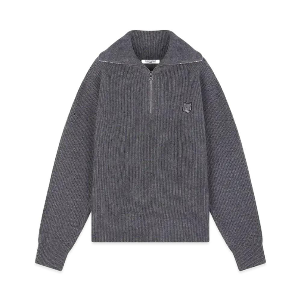 Maison Kitsune Bold Fox Head Patch Half Zip Rib Jumper "Medium Grey Melange"