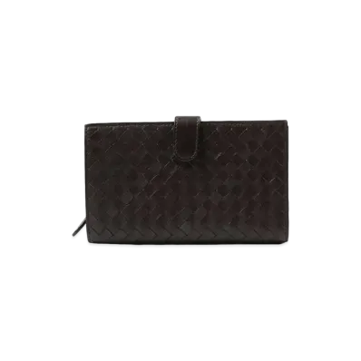 Bottega Veneta Intrecciato Lambskin Medium Bi-fold Zip Wallet "Ebano"