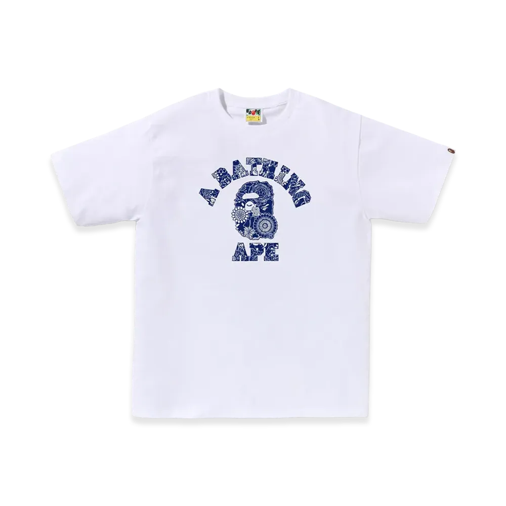 A BATHING APE Japanese Indigo Art Camo College Tee "White/Navy"