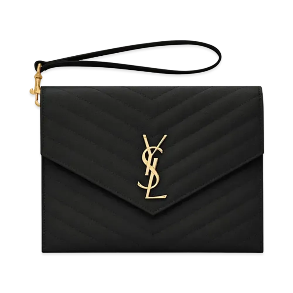Saint Laurent Monogram Clutch In Quilted Grain De Poudre Embossed Leather "Black"