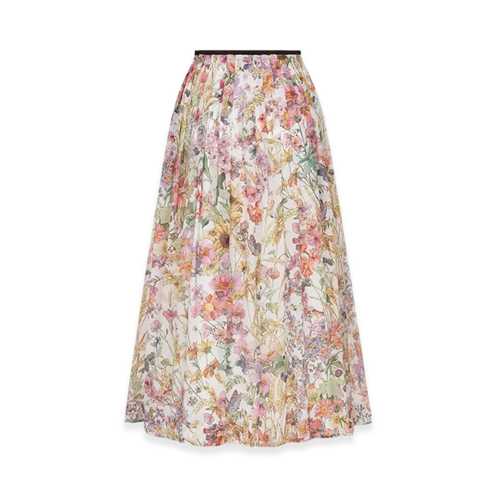 Dior Women's Mid-Length Pleated Skirt Voile 4 Saisons Ete Motif "White/Multicolor"