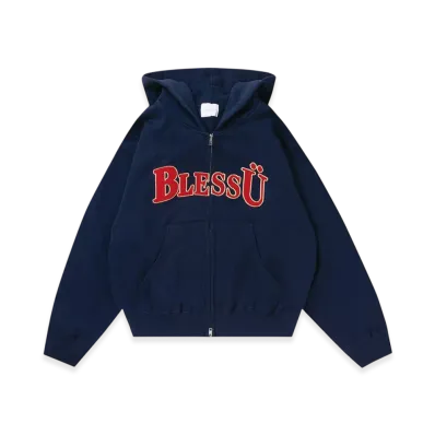BLESS U BU OG Logo Zip Up Hoodie "Navy"