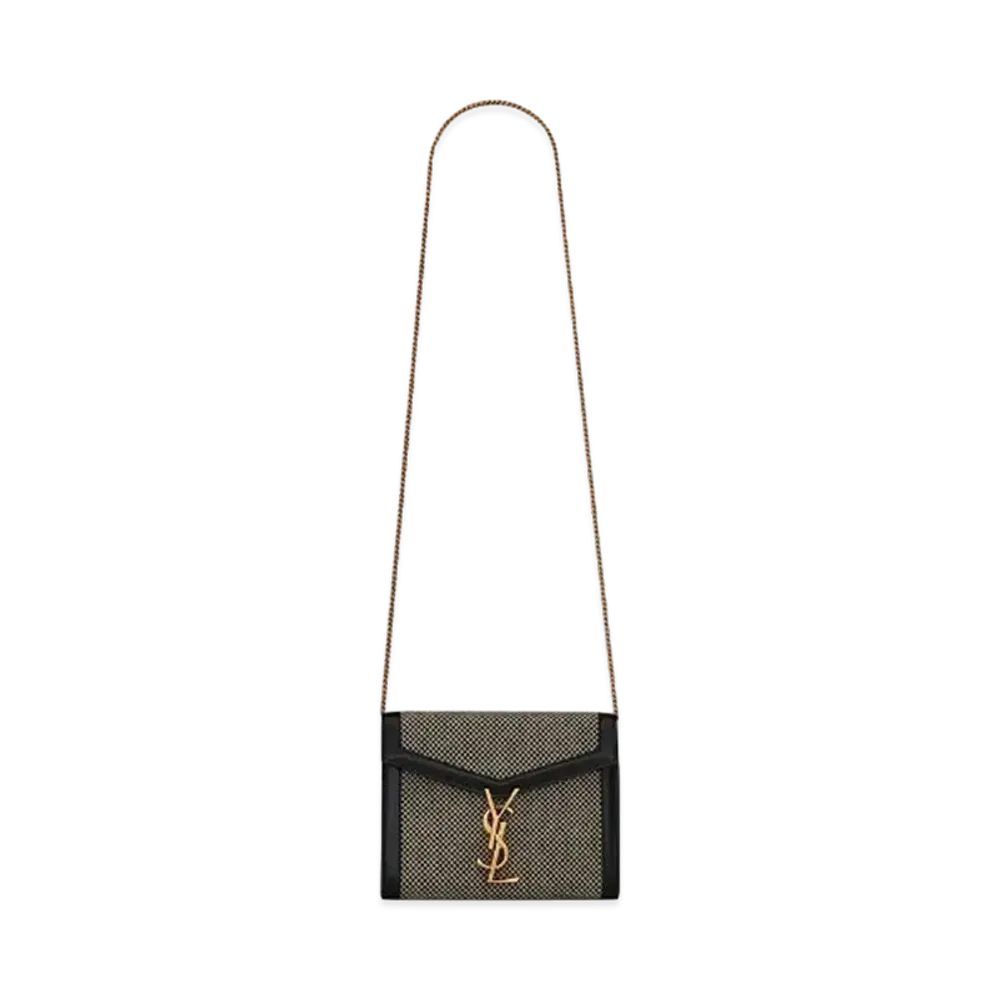Saint Laurent Cassandra Chain Wallet In Braided Tweed And Leather "Black"