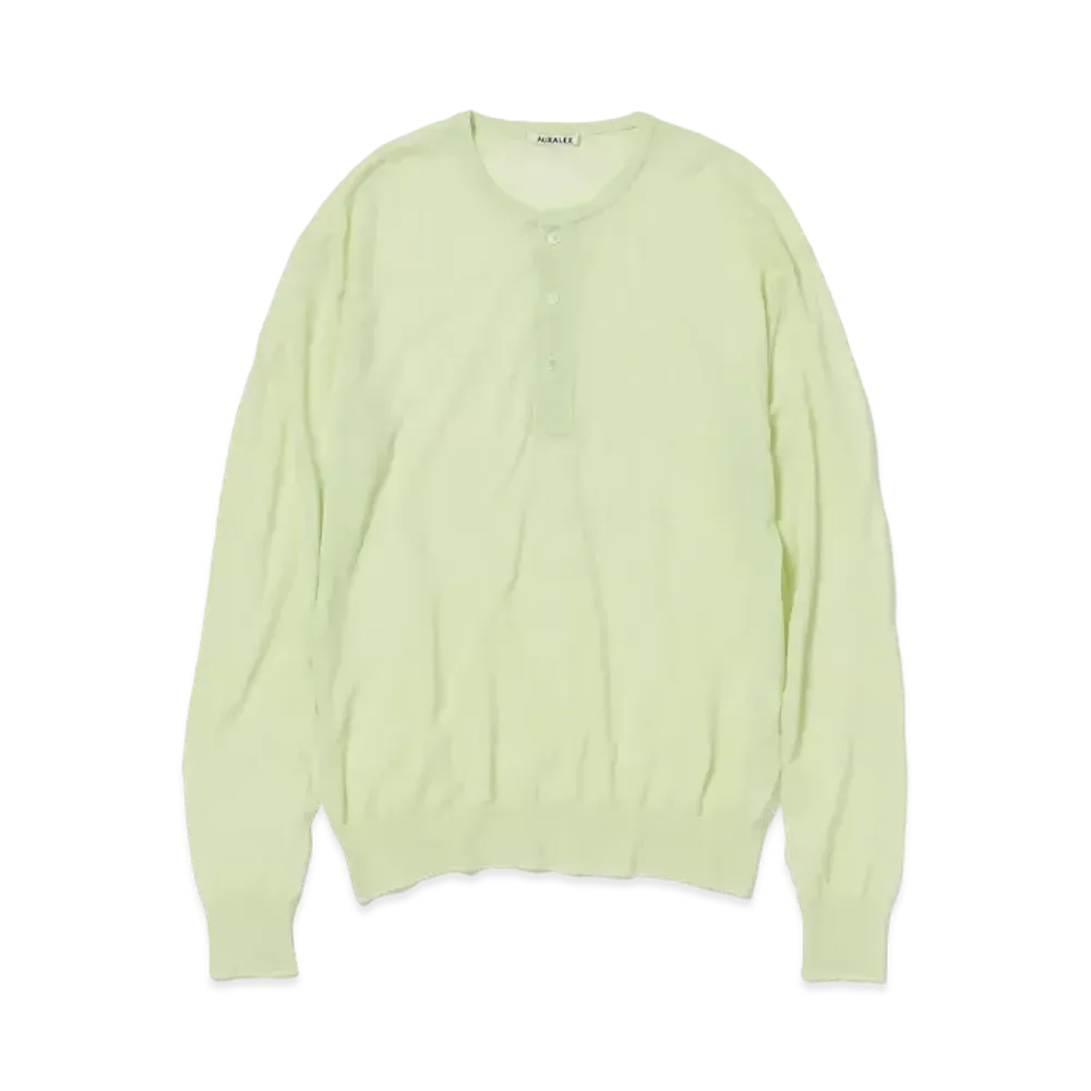 AURALEE Hard Twist High Gauge Wool Silk Knit Henley Neck P/O "Lime Yellow"