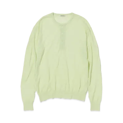 AURALEE Hard Twist High Gauge Wool Silk Knit Henley Neck P/O "Lime Yellow"
