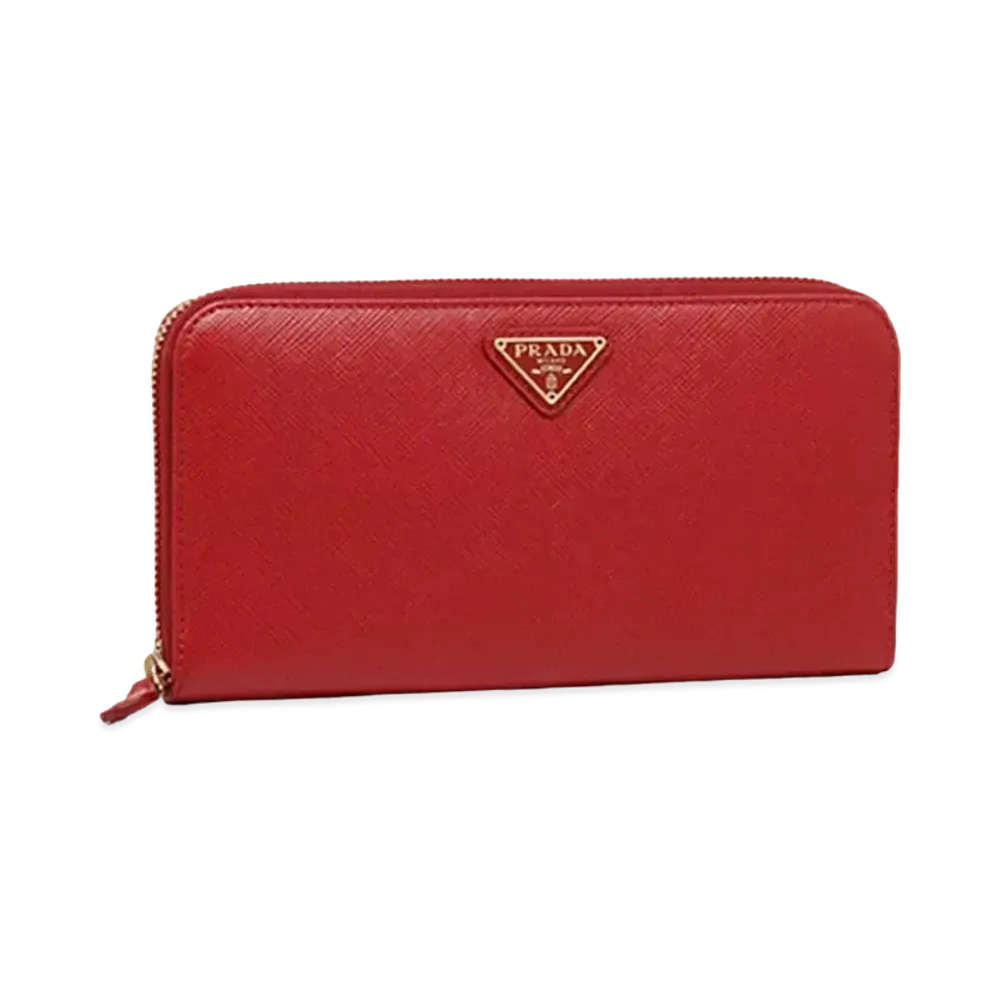 PRADA Saffiano Leather Triangle Logo Round Zip Wallet "Fuoco"
