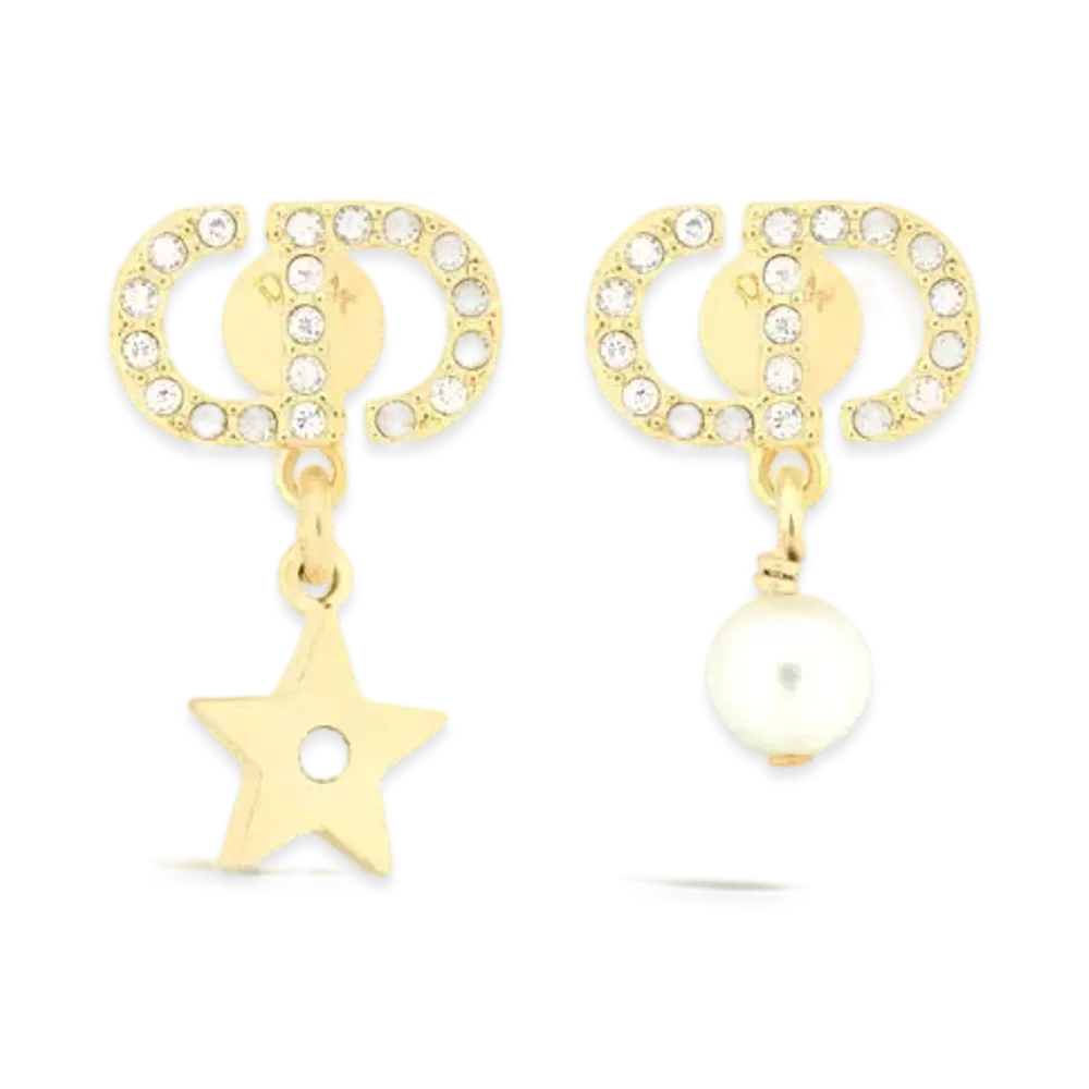 Dior Petit CD Lucky Charms Earrings Metal with a Resin Pearl and Crystals "Gold/Silver/White"