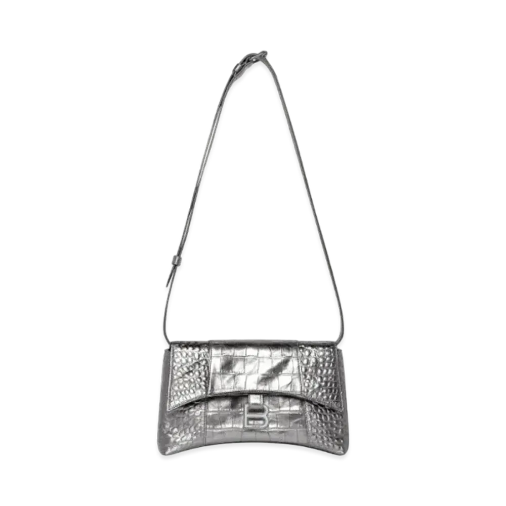 BALENCIAGA Downtown XS Shoulder Bag In Metallized Extra Supple Crocodile Embossed Calfskin "Silver"