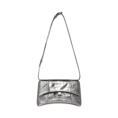 BALENCIAGA Downtown XS Shoulder Bag In Metallized Extra Supple Crocodile Embossed Calfskin "Silver"
