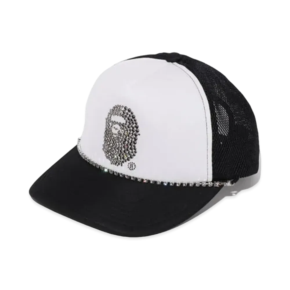 A BATHING APE Crystal Stone Ape Head Mesh Cap "Black/White"