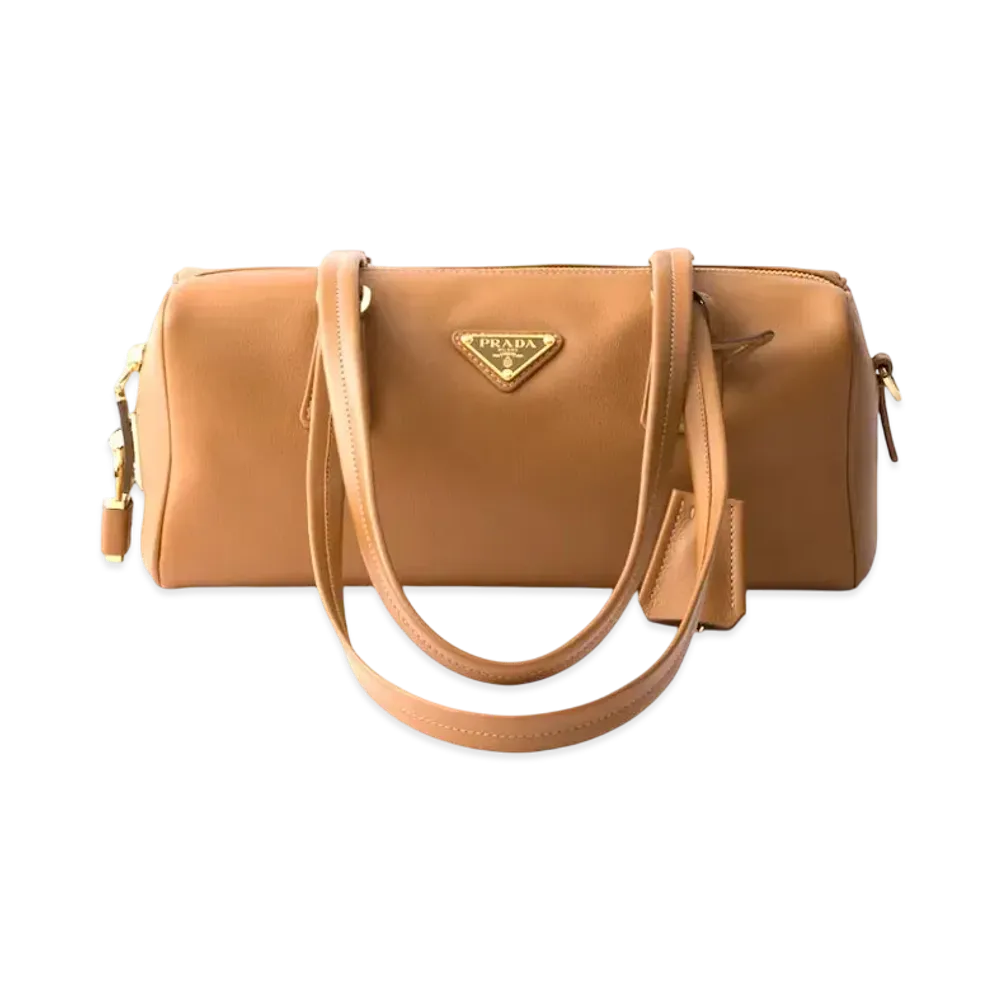 PRADA Medium Leather Top-Handle Bag with Padlock "Camel"