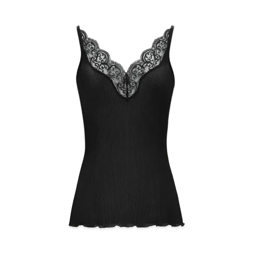 Saint Laurent Women's Laced Tank Top in Ribbed Silk Jersey "Black"