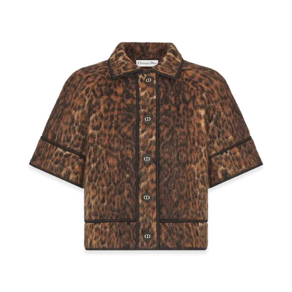 Dior Women's Mohair Wool and Silk Blend Knit with Brown Leopard Motif S/S Jacket "Camel"