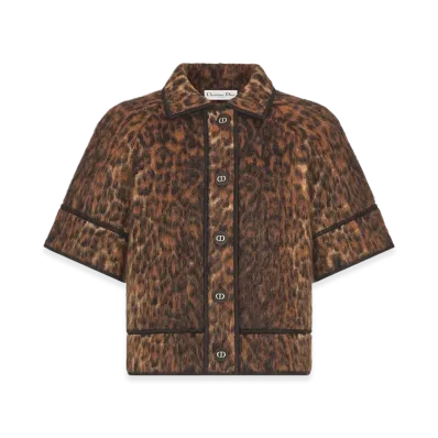 Dior Women's Mohair Wool and Silk Blend Knit with Brown Leopard Motif S/S Jacket "Camel"