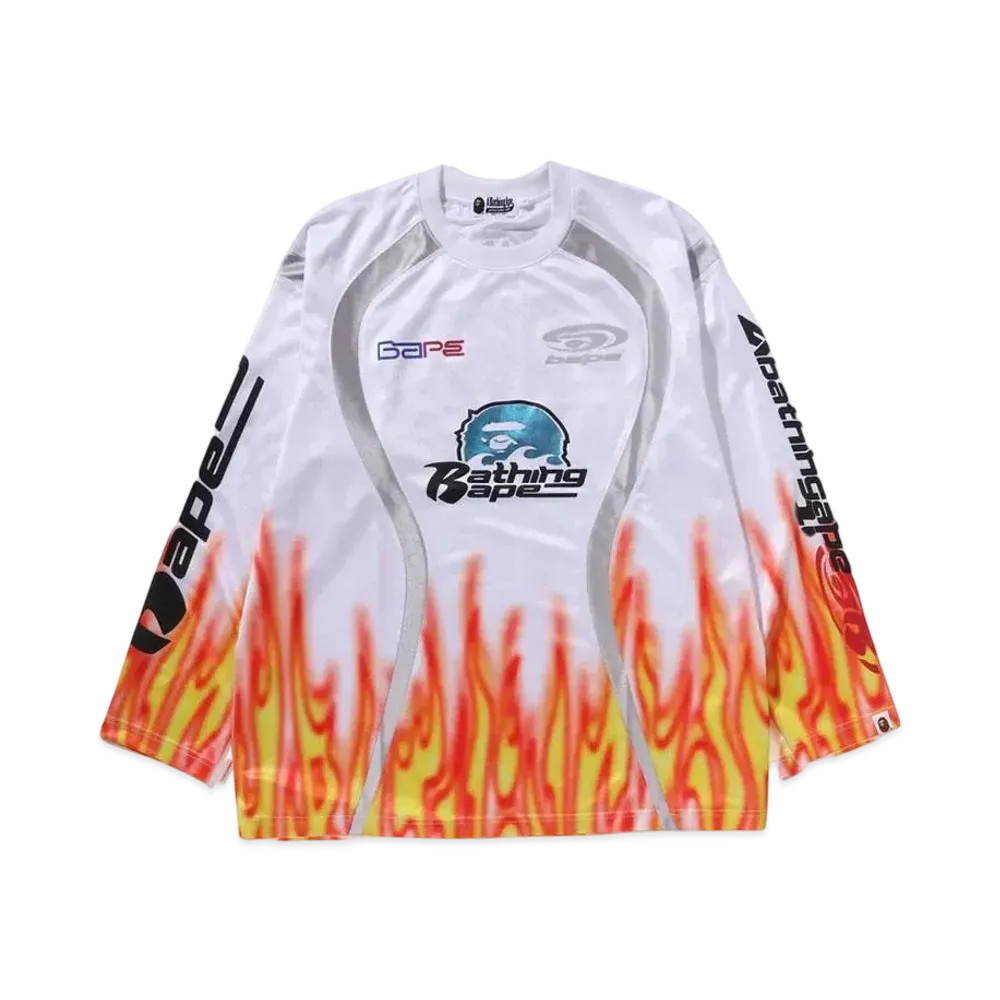 A BATHING APE Flame Pattern Multilogo Relaxed Fit Football Jersey "White"
