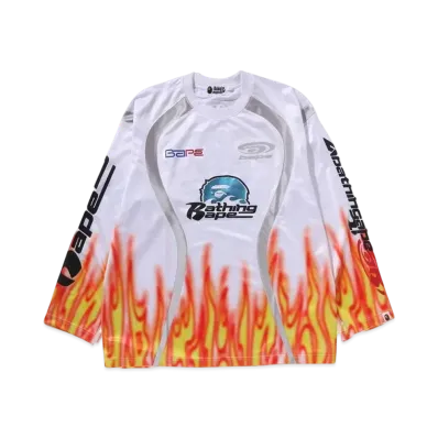 A BATHING APE Flame Pattern Multilogo Relaxed Fit Football Jersey "White"