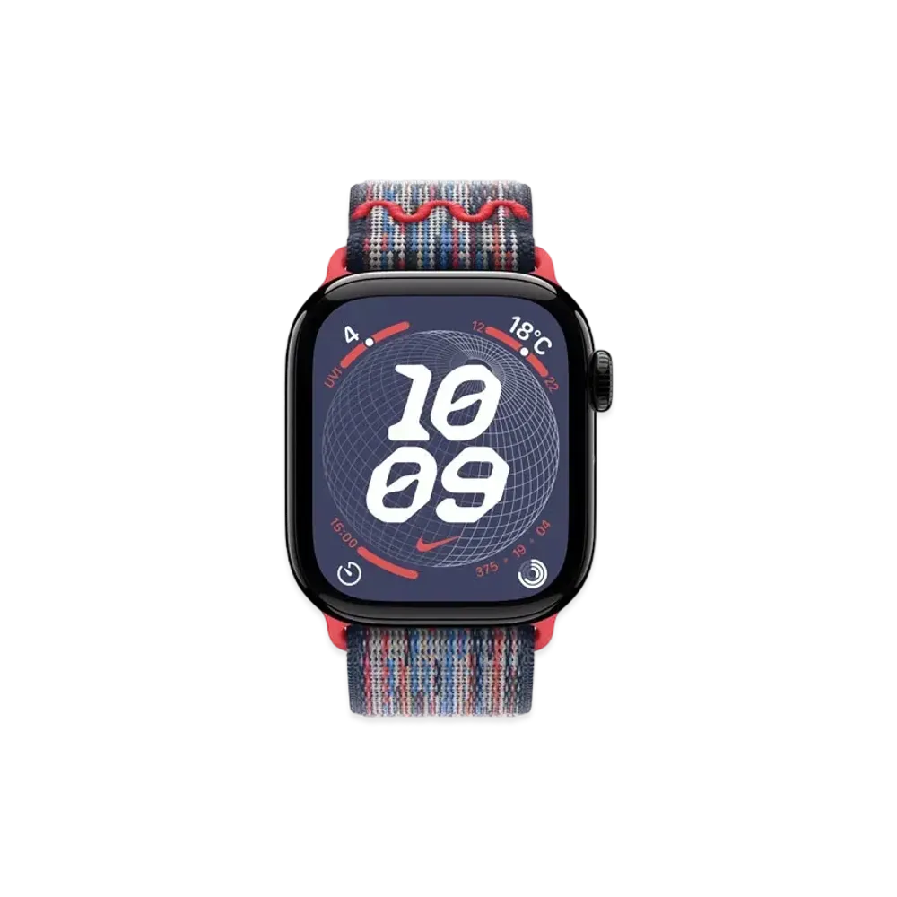 Apple Watch Series 10 GPS Model Jet Black Aluminiumcase Textile Nike Sports Loop "Blue/Red"