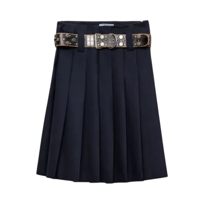 PRADA Women's Pleated Rush Stitch Skirt with Belt "Navy"