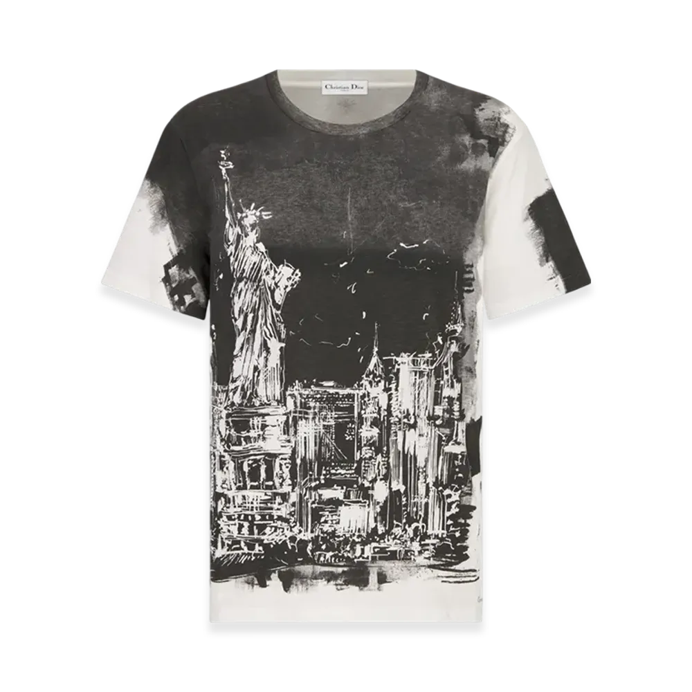 Dior Women's Cotton and Linen Jersey with New York Motif T-Shirt "Black/White"