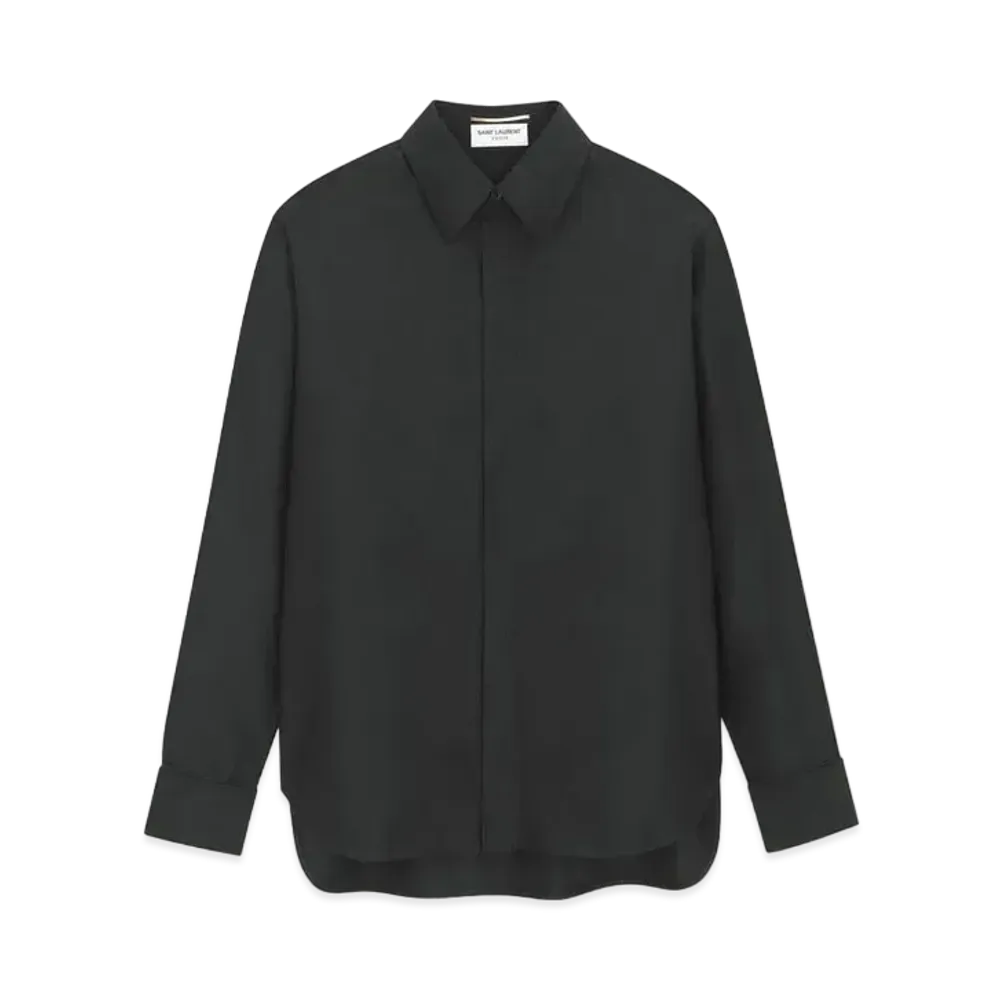Saint Laurent Women's Boyfriend Shirt in Cotton and Silk Taffeta "Black"