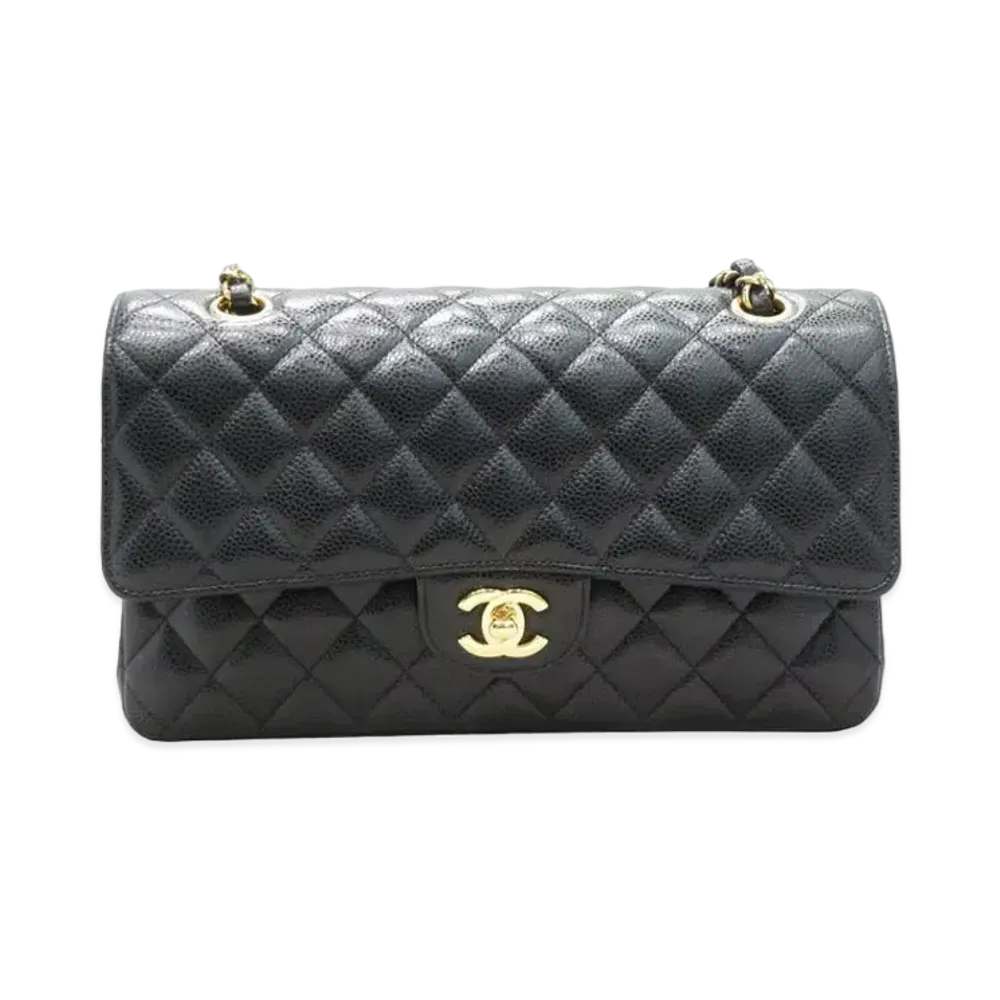 CHANEL Matelasse Classic Double Flap Caviarskin "Black/Gold"