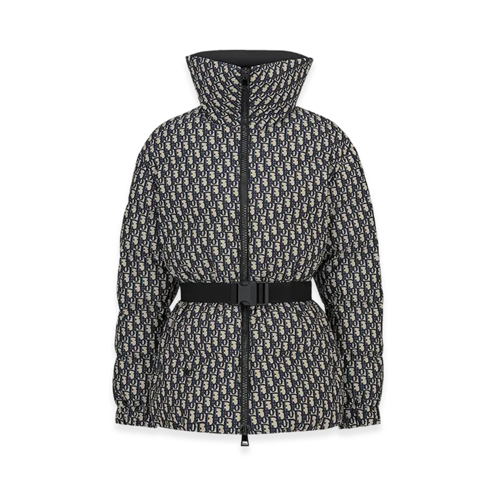 Dior Women's Dioralps Puffer Jacket with Belt Quilted Technical Taffeta Oblique Motif "Blue"