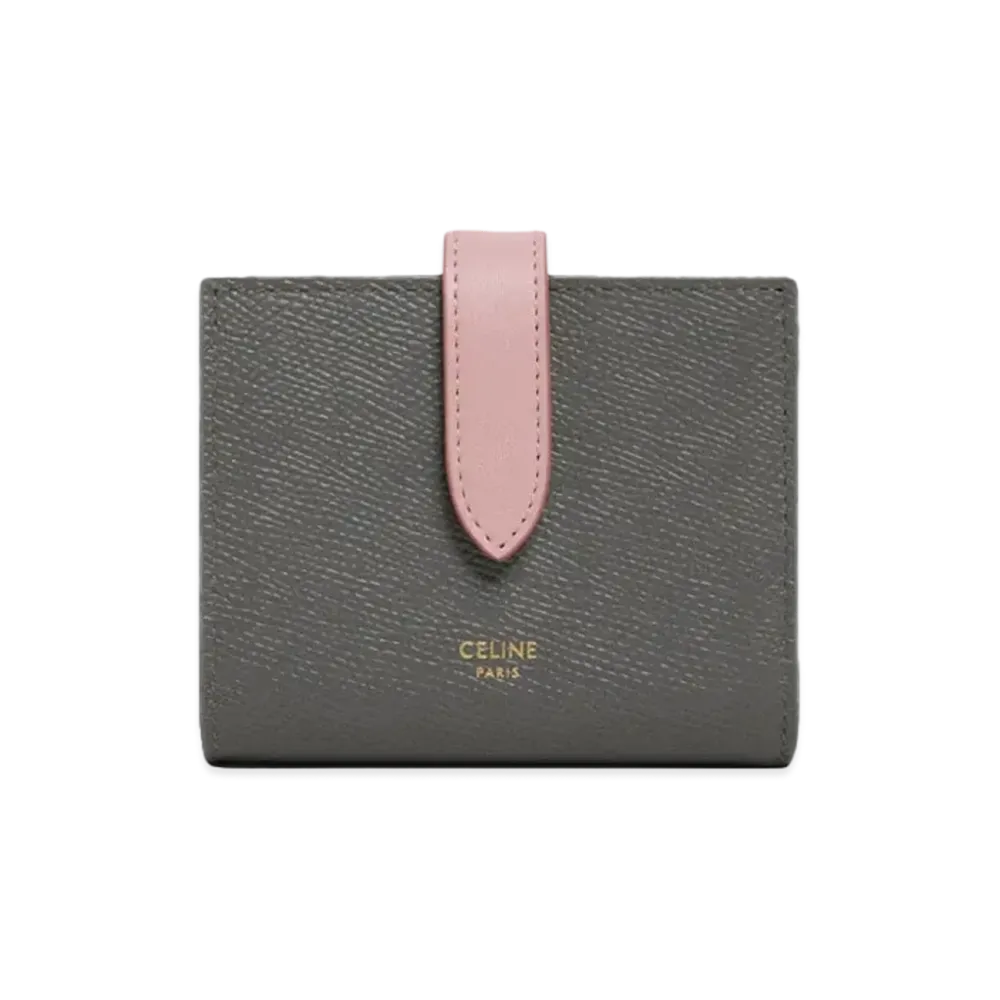 CELINE Small Strap Wallet in Bicolour Grained Calfskin  "Grey/Vintage Pink"