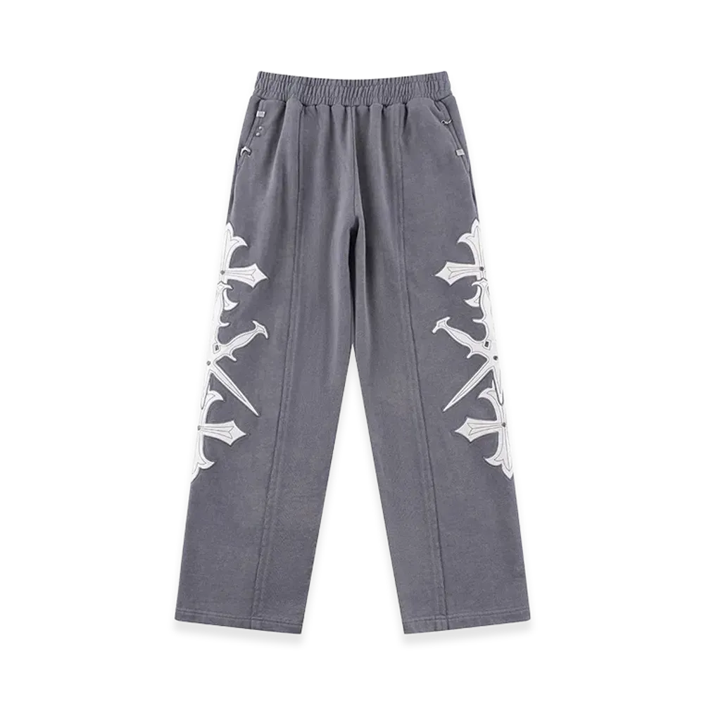 Unknown London Dagger Cross Leather Patch Baggy Jogger Pants "Gray"