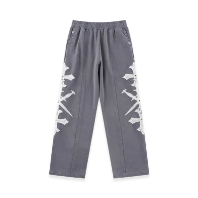 Unknown London Dagger Cross Leather Patch Baggy Jogger Pants "Gray"