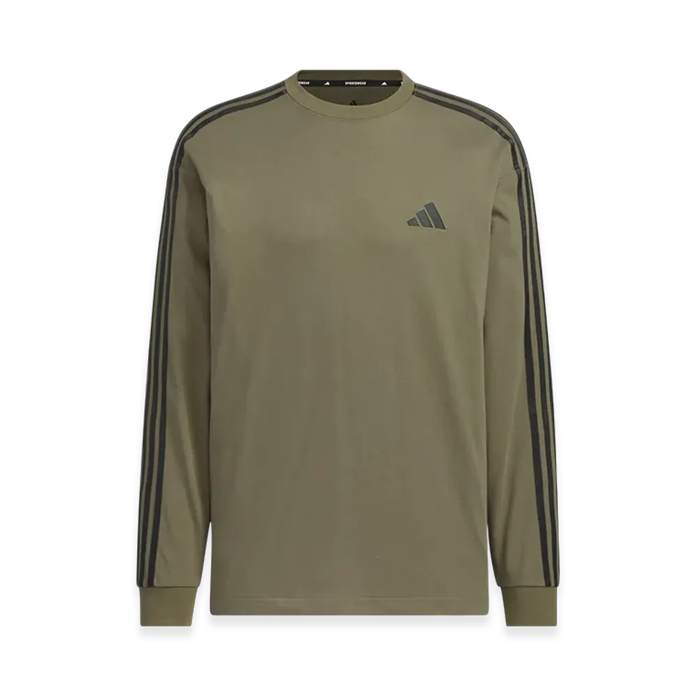 adidas Essentials Plus Loose Fit Three Stripes Long Sleeve T-Shirt "Olive Strata/Black"