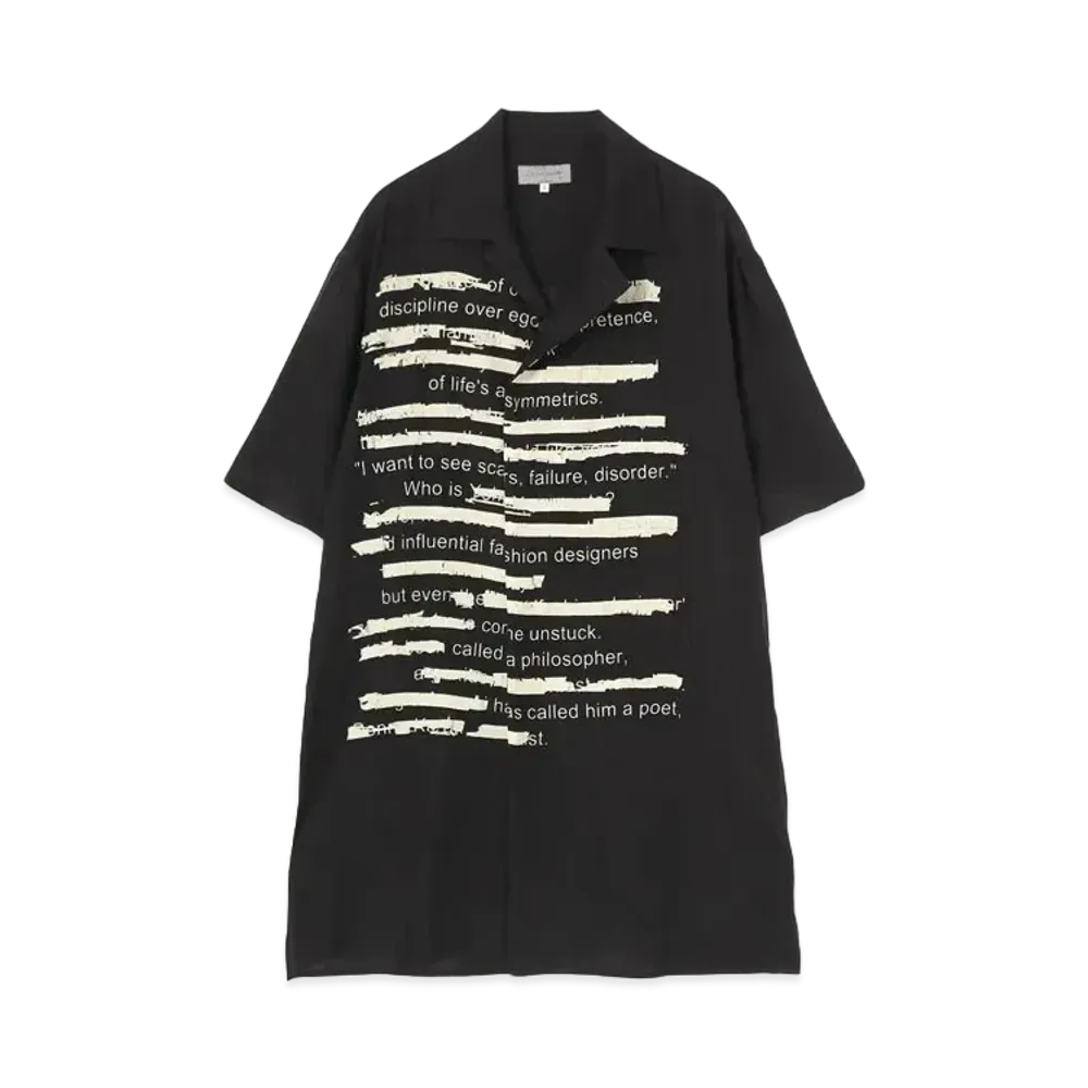 Yohji Yamamoto Pour Homme SILK SATIN RANDOM FILLED SENTENCE PRINT HALF SLEEVES ALOHA SHIRT "Black"