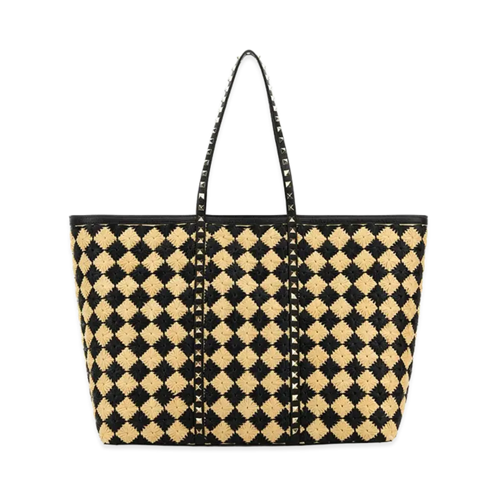 Valentino Women's Embroidered Raffia Rockstud Shopping Bag "Checked"