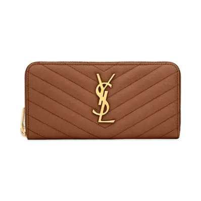 SAINT LAURENT Monogram Zip Around Wallet In Grain De Poudre Embossed Leather "Dark Natural"