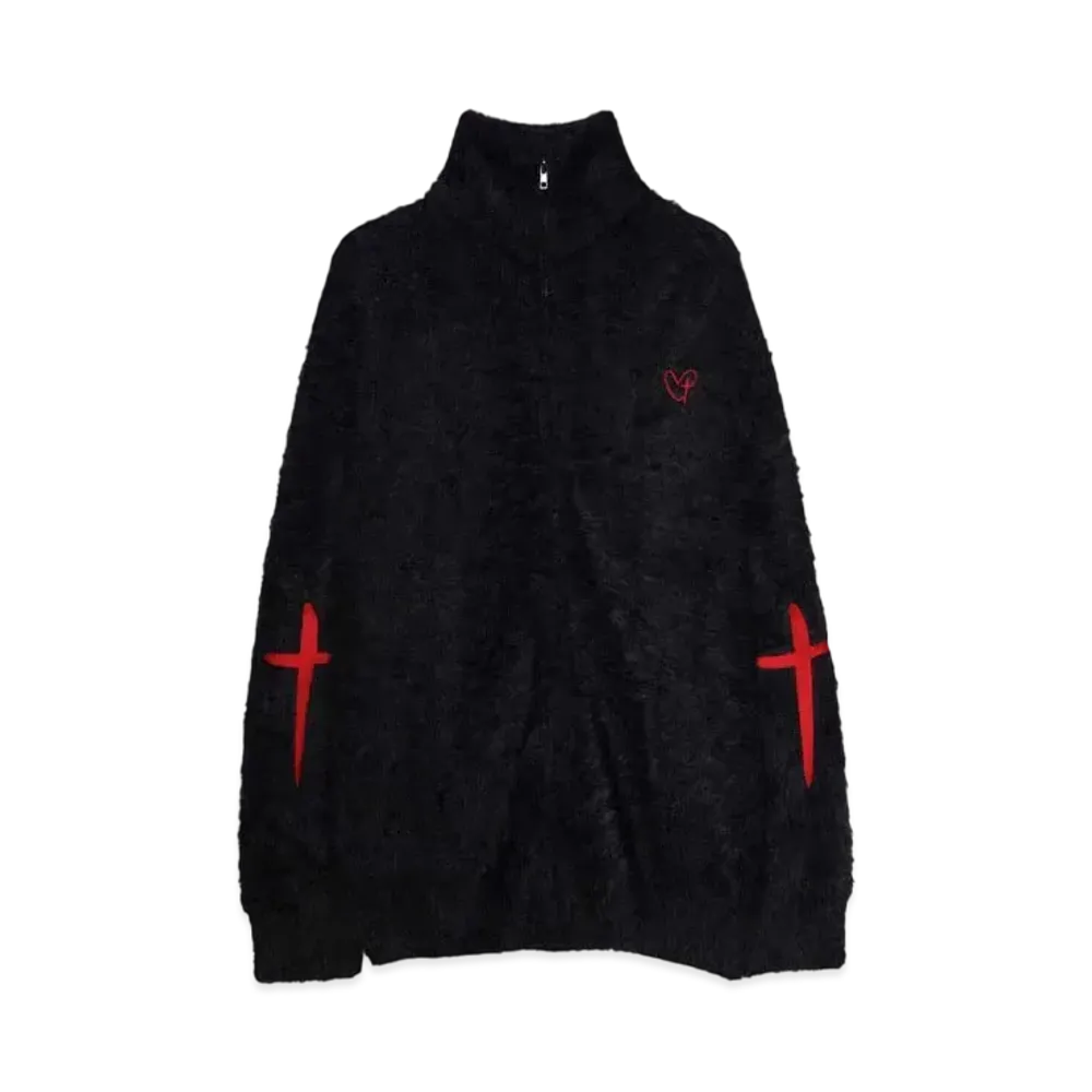 A GOOD BAD INFLUENCE HEART CROSS ZIPPED MOHAIR SWEATER "BLACK/RED"