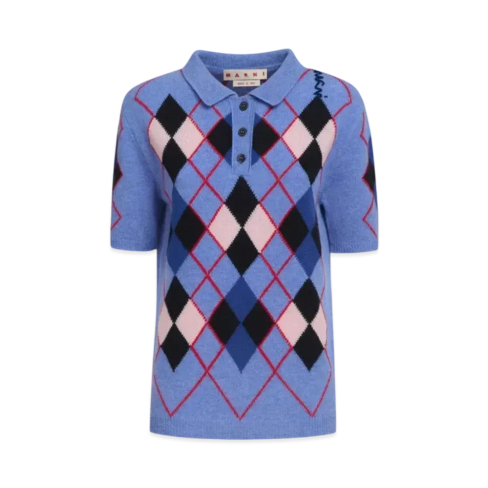 Marni Women's Argyle Wool Polo Shirt "Blue Lilac"